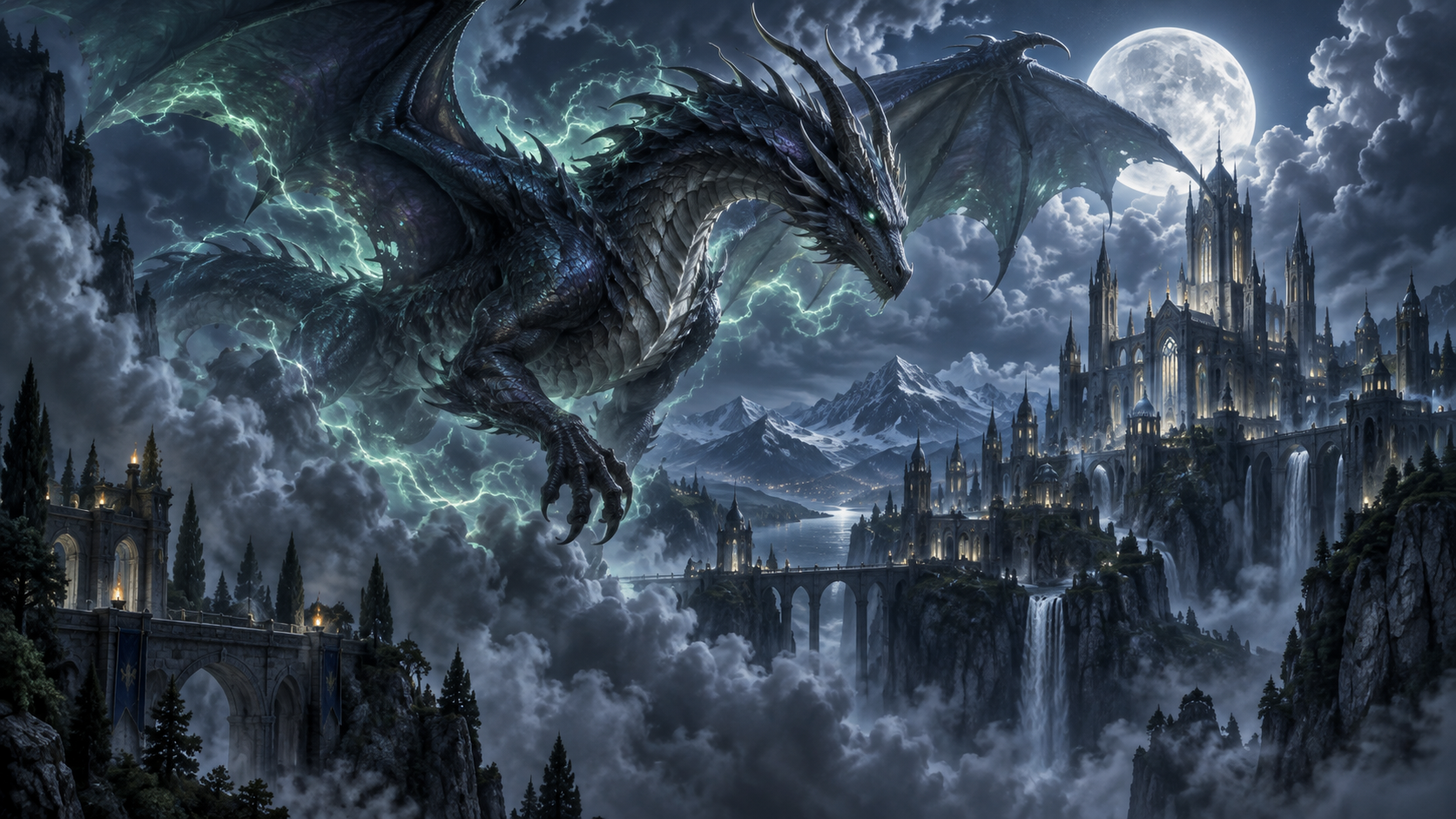 Arcane Origins concept cover with a storm dragon and moonlit castle
